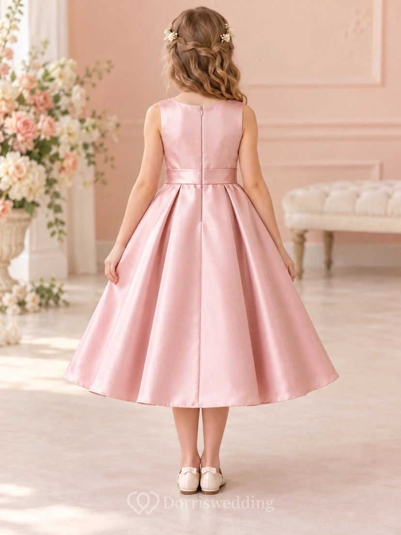 Blushing Pink Sleeveless Pearl Button Bow Tea-length Flower Girl Dress view 2