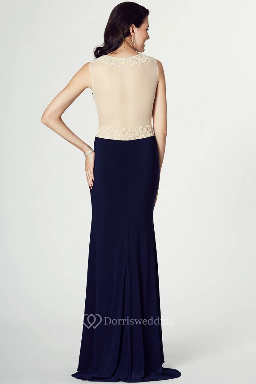 Beaded Scoop Neck Sleeveless Jersey Prom Dress With Illusion Back view 2