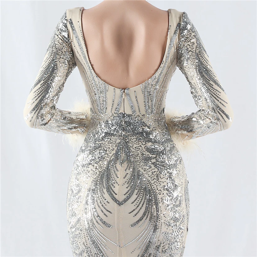 Robe de soirée haut de gamme ornée de perles florales fixes et de poils d'autruche, hôte de la réunion annuelle d'hiver view 7