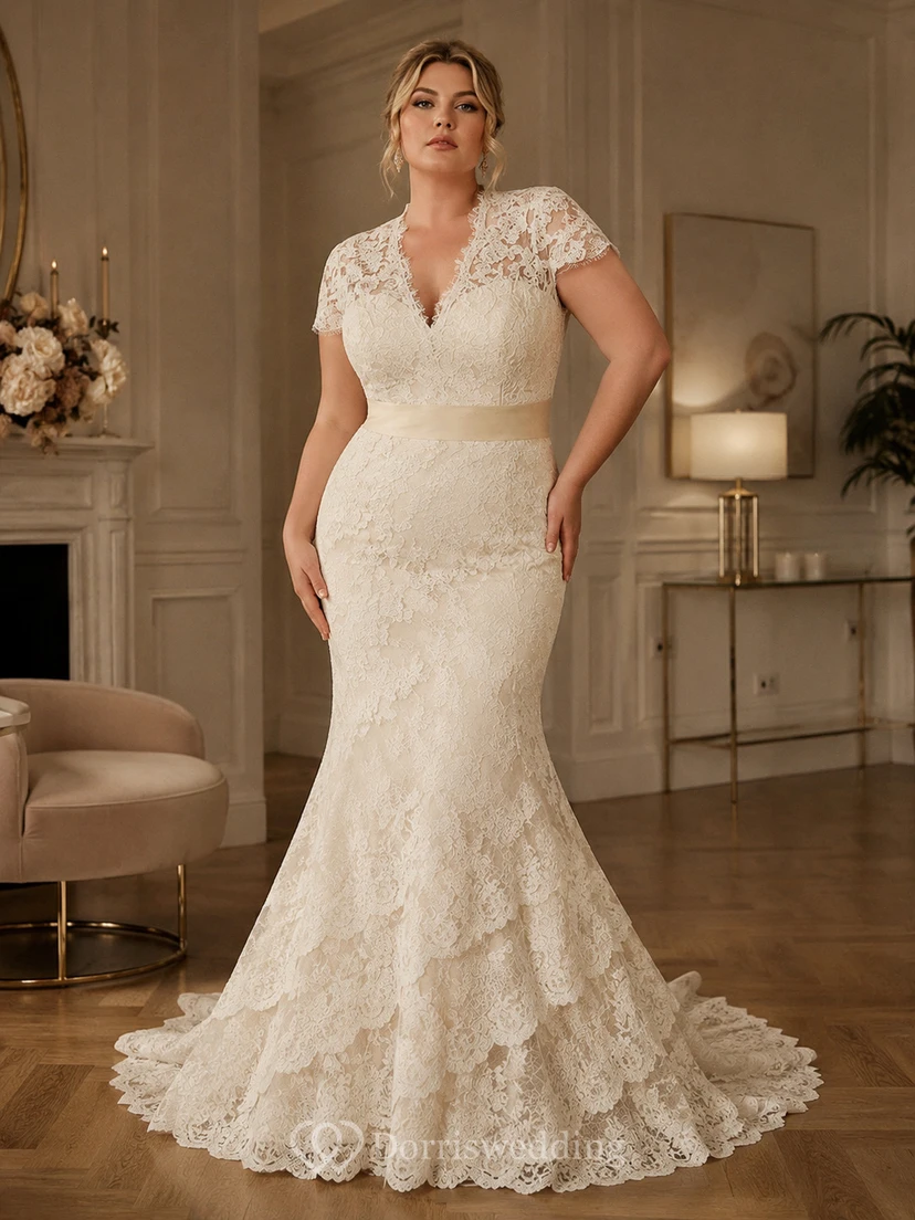 Robe de mariée sirène vintage en dentelle, décolleté en V, dos nu en forme de goutte, avec ceinture et fleur. view 4