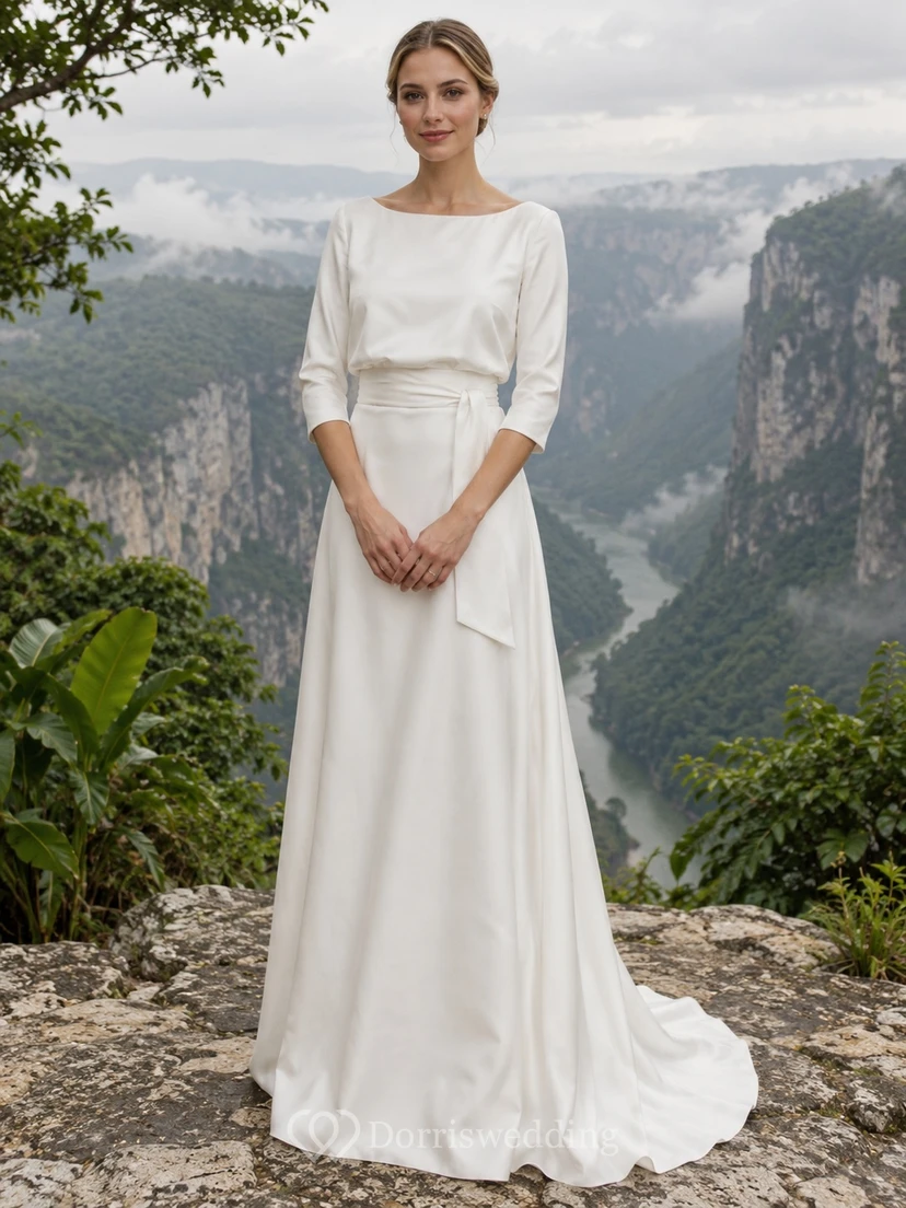 Simple Bateau Neck Three Quarter Sleeve Cotton Sateen Wedding Dress with Blouson Sheath Skirt