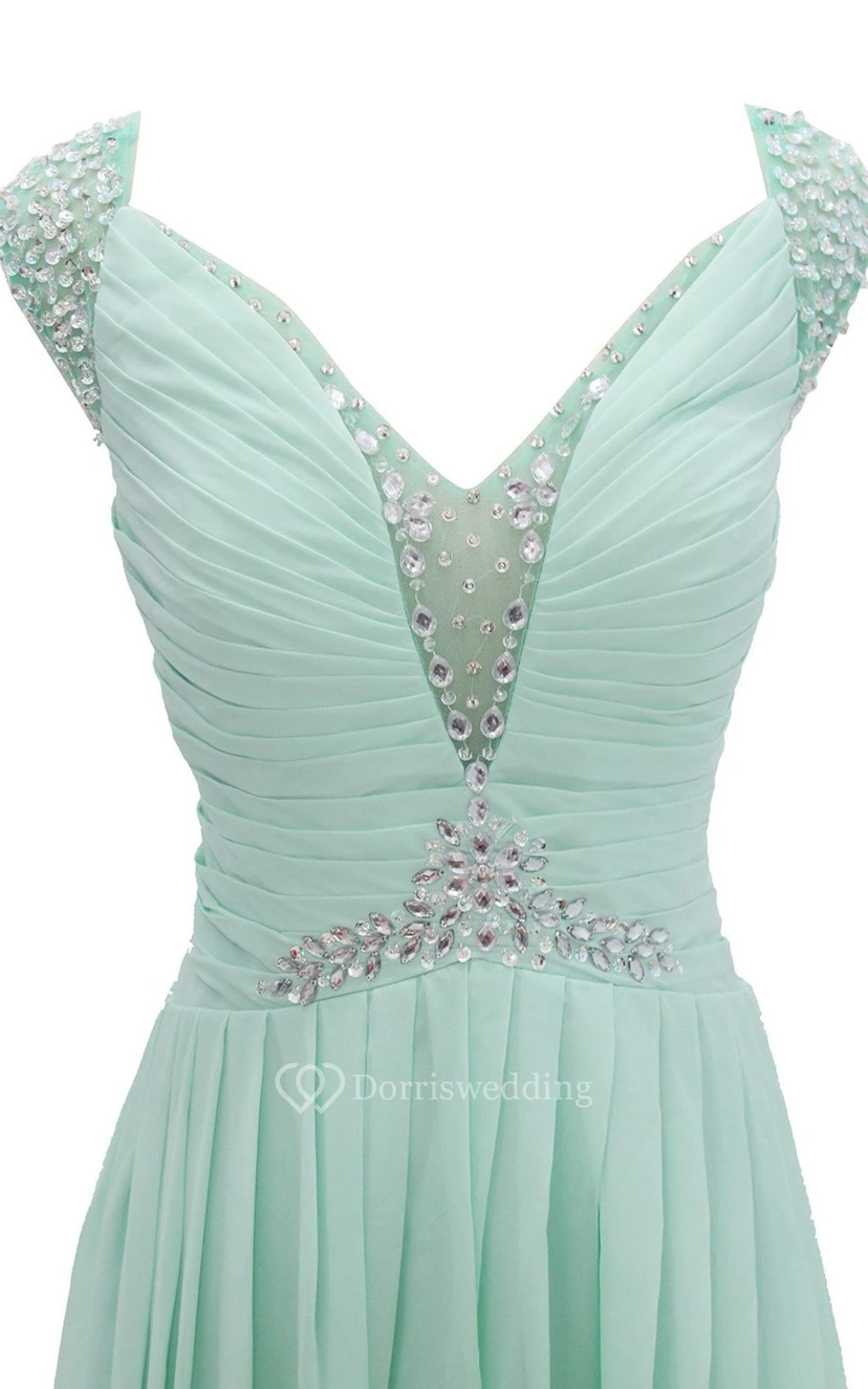 Cap-sleeve V-neck Chiffon A-line Gown With Crystal Detail view 10