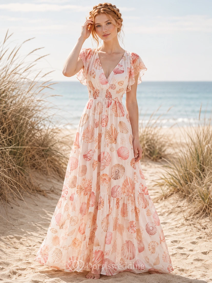 Peach Seashell Print V Neck Flutter Sleeve Maxi Dress