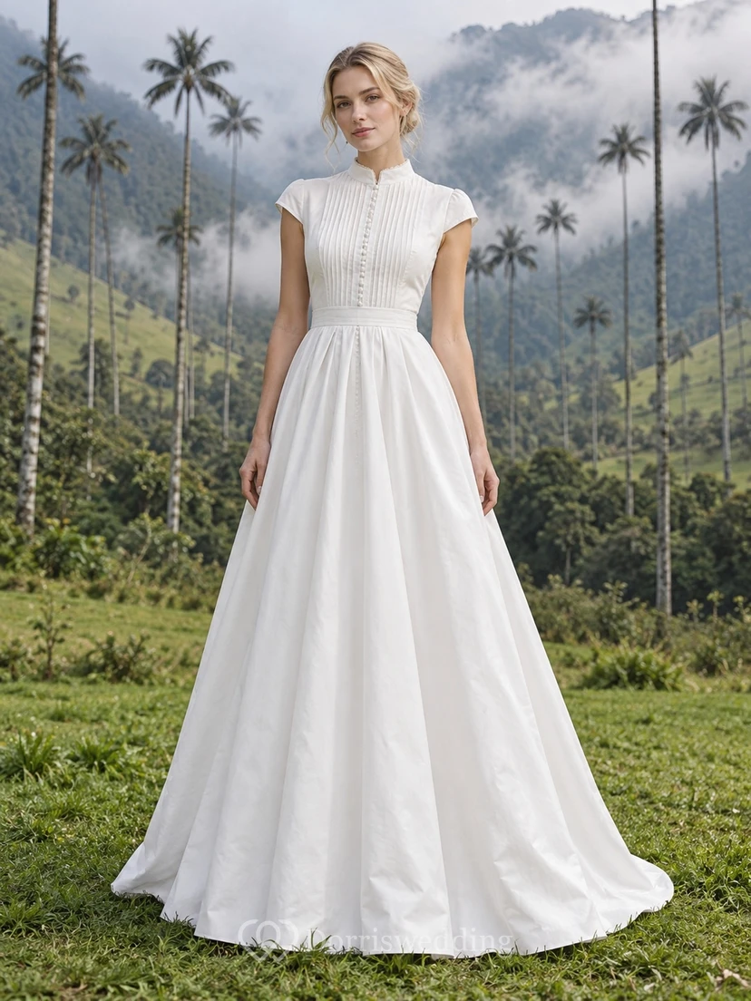 Vestido de novia de popelina de algodón con cuello alto, mangas cortas, pliegues y falda en línea A.