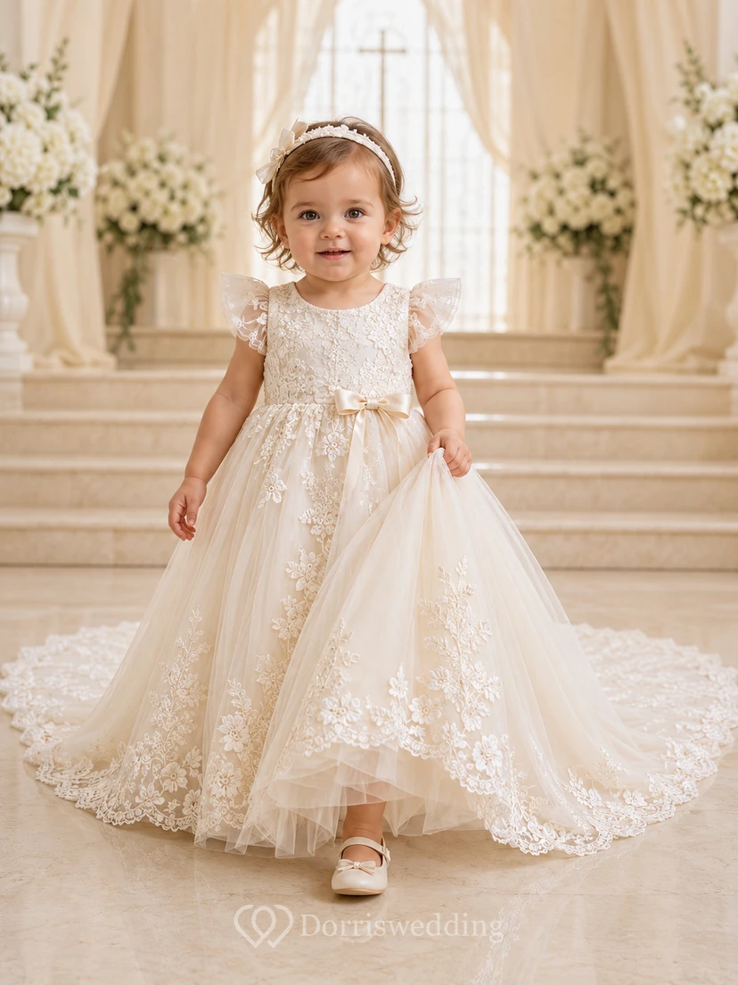 Vestido de lujo color champán para ceremonia de bautizo/bautizo. Corte A, largo hasta el suelo, cola de capilla, cuello joya, manga corta, encaje de tul, apliques florales, lazo en la espalda y botones en la espalda.