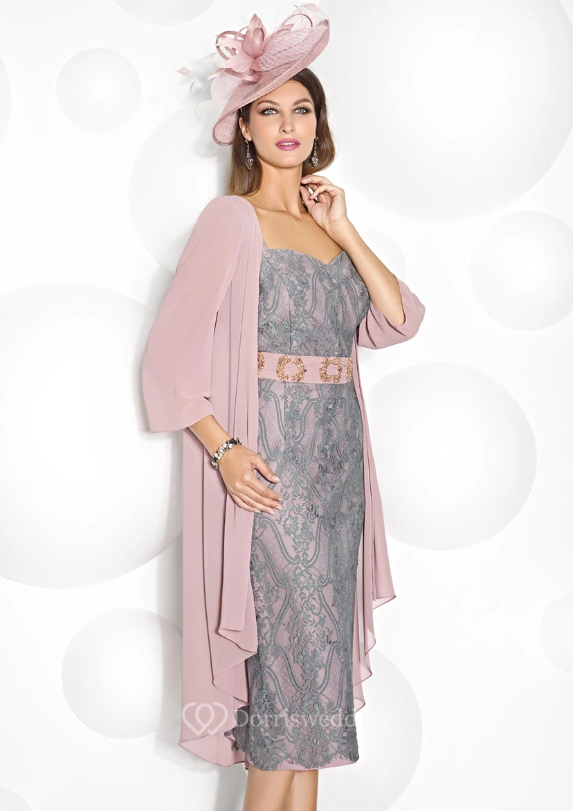 Vestido de gasa de largo midi con apliques, mangas tres cuartos y escote redondo para la madre de la novia