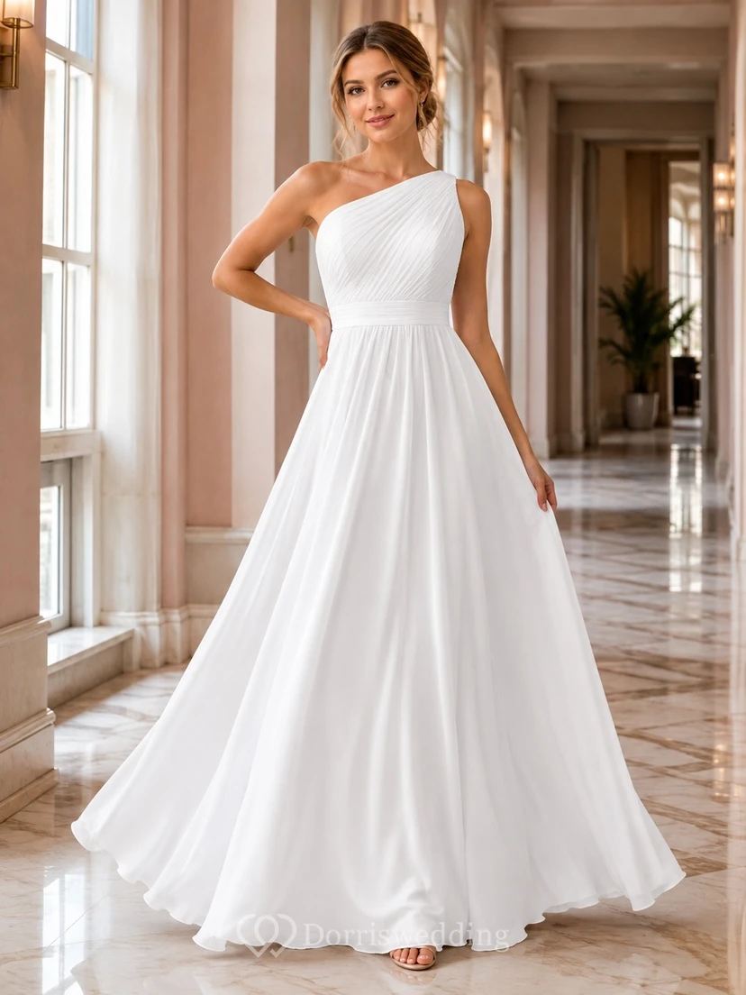 White One Shoulder Sleeveless Satin A Line Prom Dress