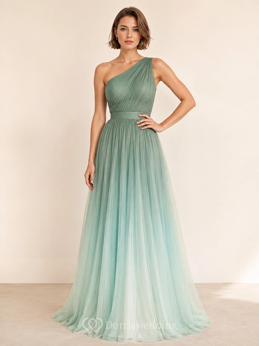 Mint Aqua Gradient Spaghetti Strap Tulle A-Line Prom Gown