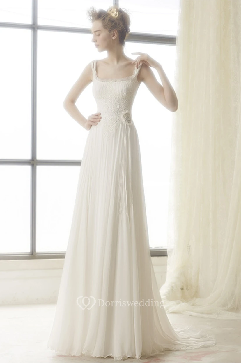 A-Line Sleeveless Floor-Length Lace Square Chiffon Wedding Dress With Low-V Back And Flower