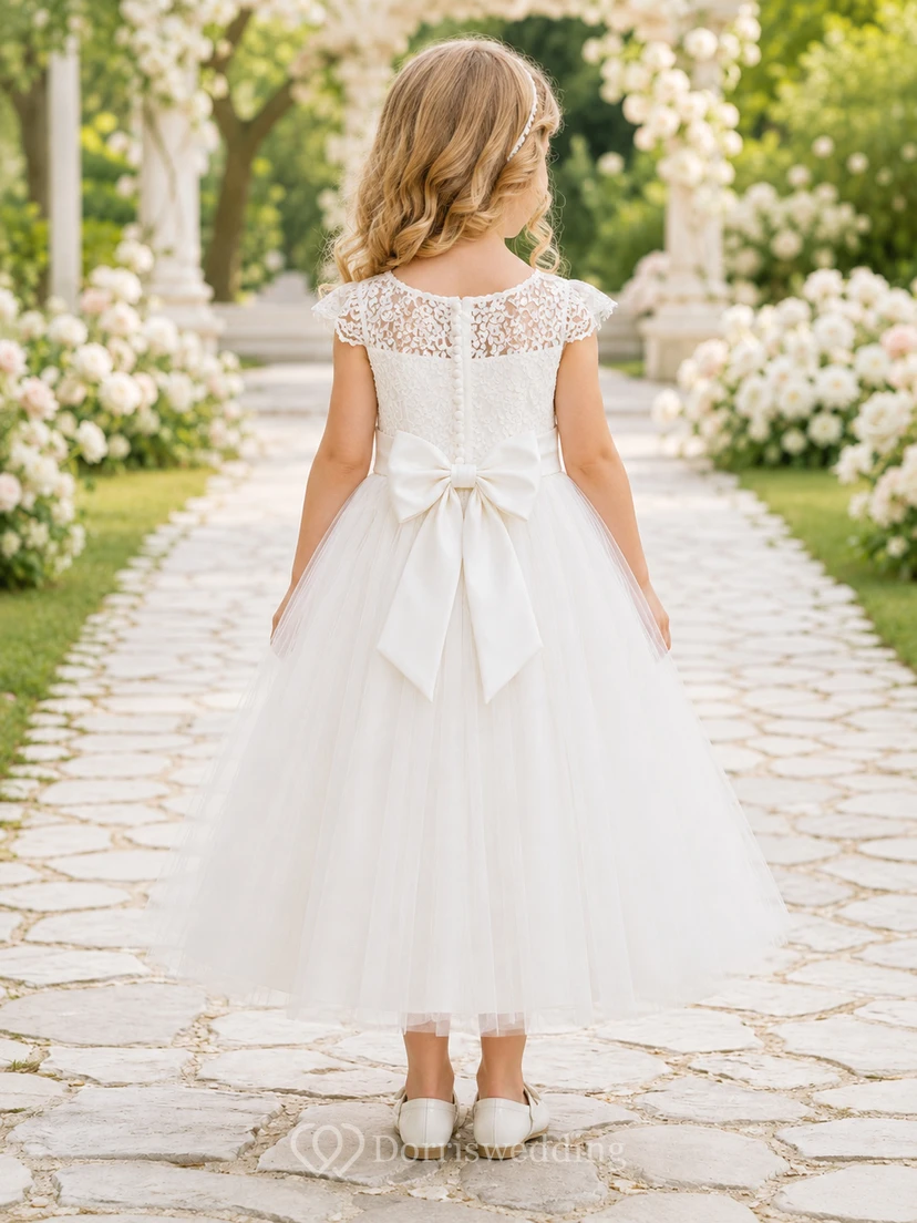 Flower Girl Dress Ivory Lace Tulle A-Line Short Sleeve Scoop Neck Tea Length Bow Back view 2