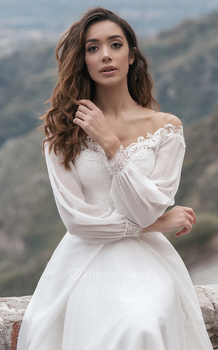 Vintage Meerjungfrauen-Chiffon-Brautkleid mit schulterfreiem Ausschnitt und Schleppe view 3