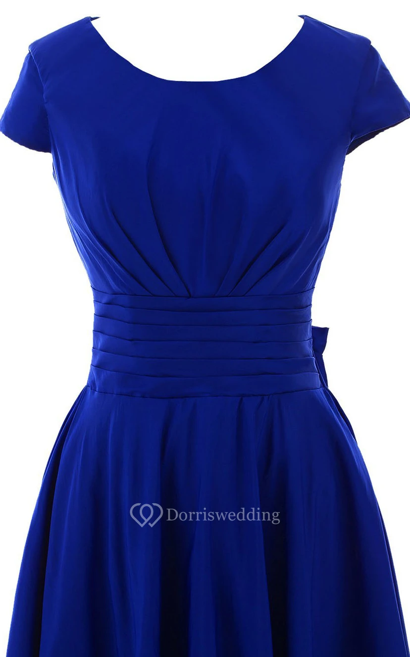 Short Sleeve Ruched Sash Midi-length Pleated Chiffon Dress view 5