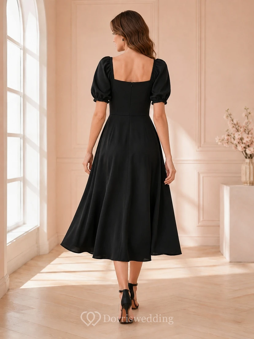 Romantic Black Sweetheart Puff Sleeve Satin Tea Length Cocktail Dress view 2
