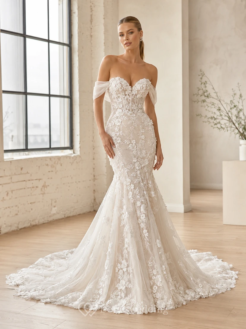 Robe de mariée sirène luxueuse en dentelle florale à épaules dénudées et manches courtes, ornée de fleurs, avec traîne cathédrale et style botanique
