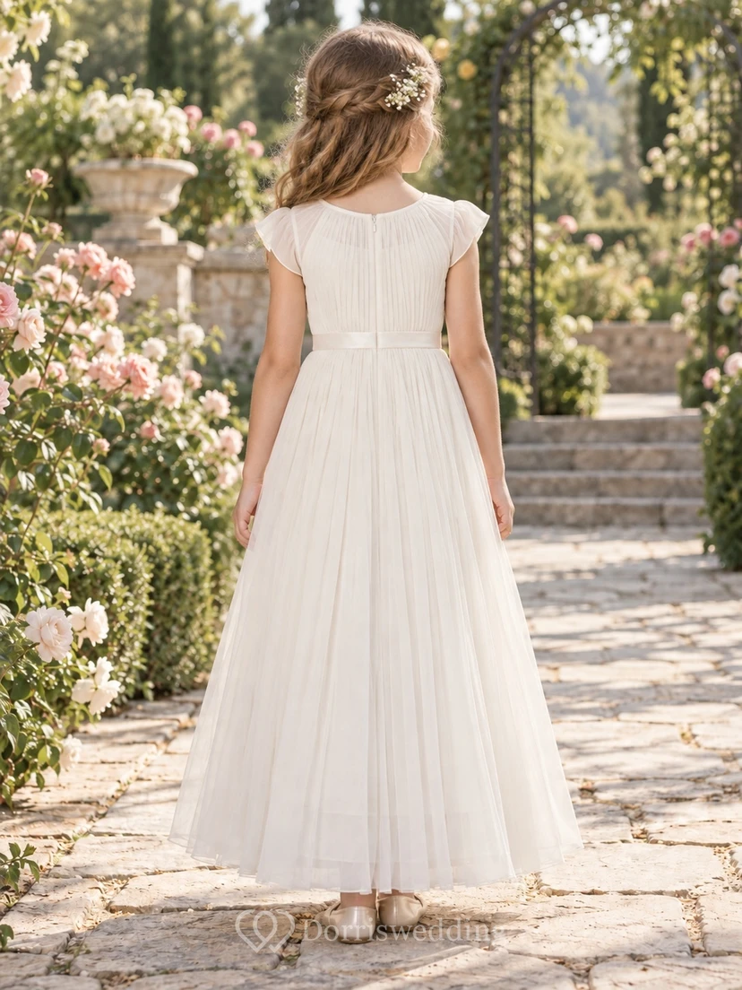 Simple Ivory Jewel Neck Cap Sleeve Pleated Chiffon Flower Girl Dress view 2