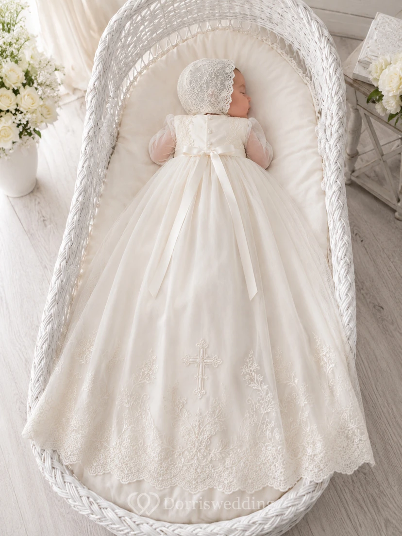 Cross Embroidered Baptism Gown A-Line Tulle Lace Long Sleeve Floor-Length