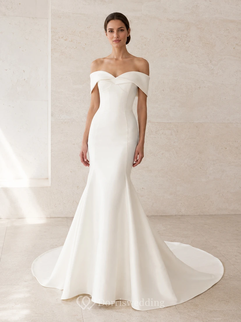 Robe de mariée moderne en satin, épaules dénudées, coupe sirène courte, plis taille basse, élégante pour la réception
