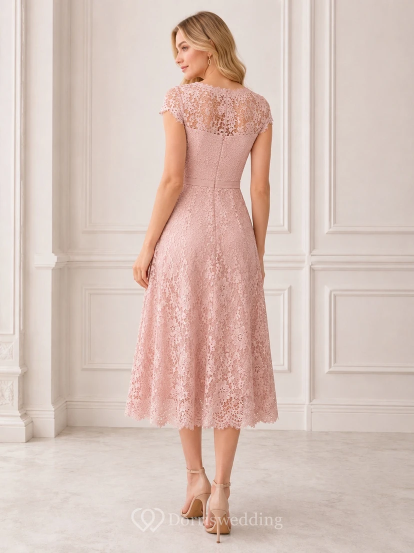 Pearl Pink Scalloped Neck Cap Sleeve Lace A-Line Tea-length Cocktail Dress view 2