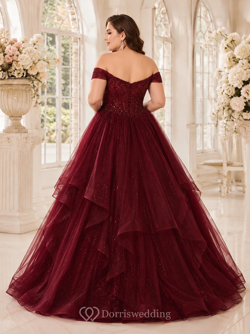 Robe de bal de princesse bordeaux grande taille à épaules dénudées, à volants et paillettes, style quinceañera view 2