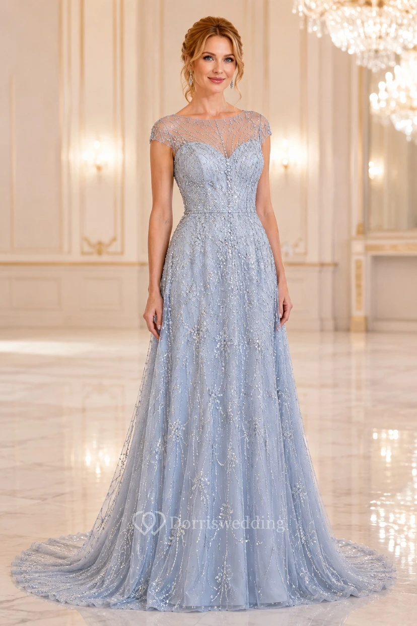 Robe de soirée bleu ciel en tulle à sequins, coupe trapèze, épaules dénudées, manches courtes, traîne ornée de perles