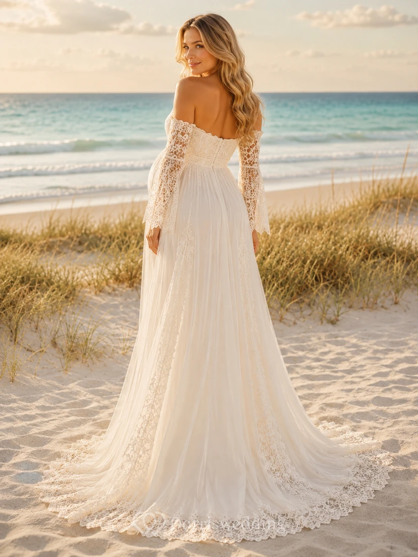 Maternity Wedding Dress Off Shoulder Lace Sleeve A-Line Beach Gown with Sweetheart Neckline view 2