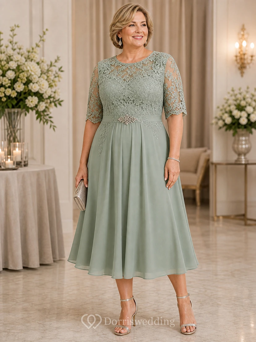 Sage Tea Length Crystal Brooch Mother Dress Sage Bateau Jewel A-Line Tea-length view 4