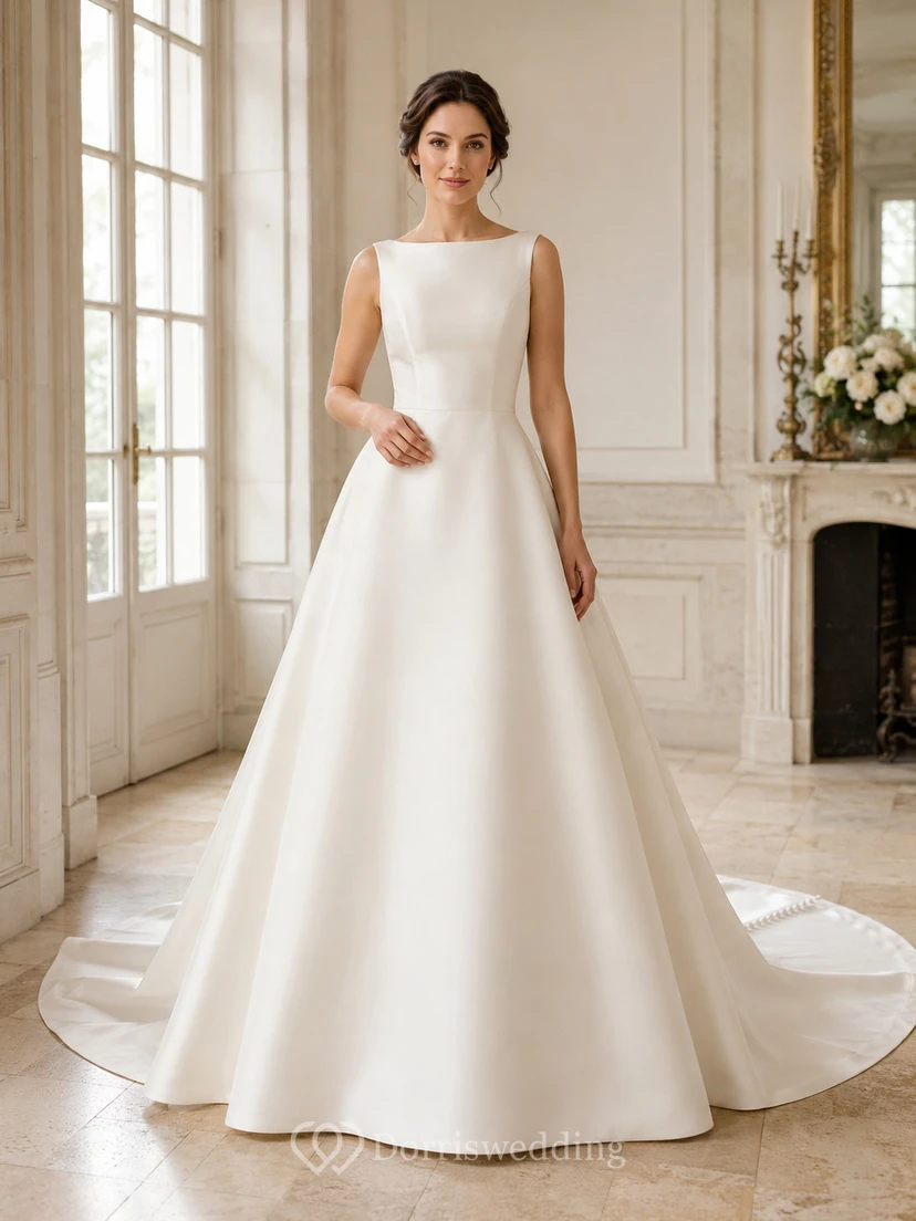 Vestido de novia minimalista de satén, estilo princesa, con escote barco, sin mangas y cola larga.