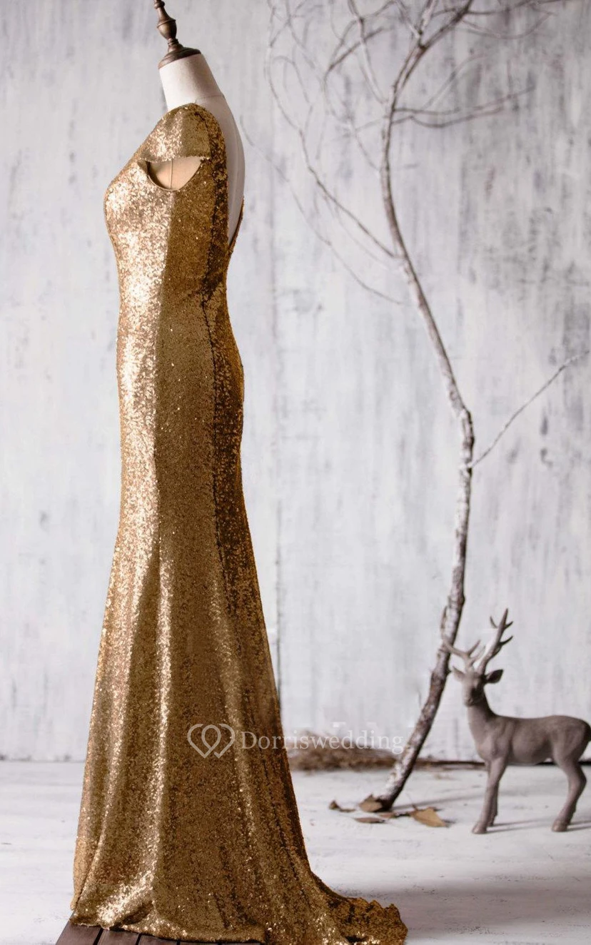 Bateau Cap Sleeve Sequined Mermaid Long Dress With V Back view 3