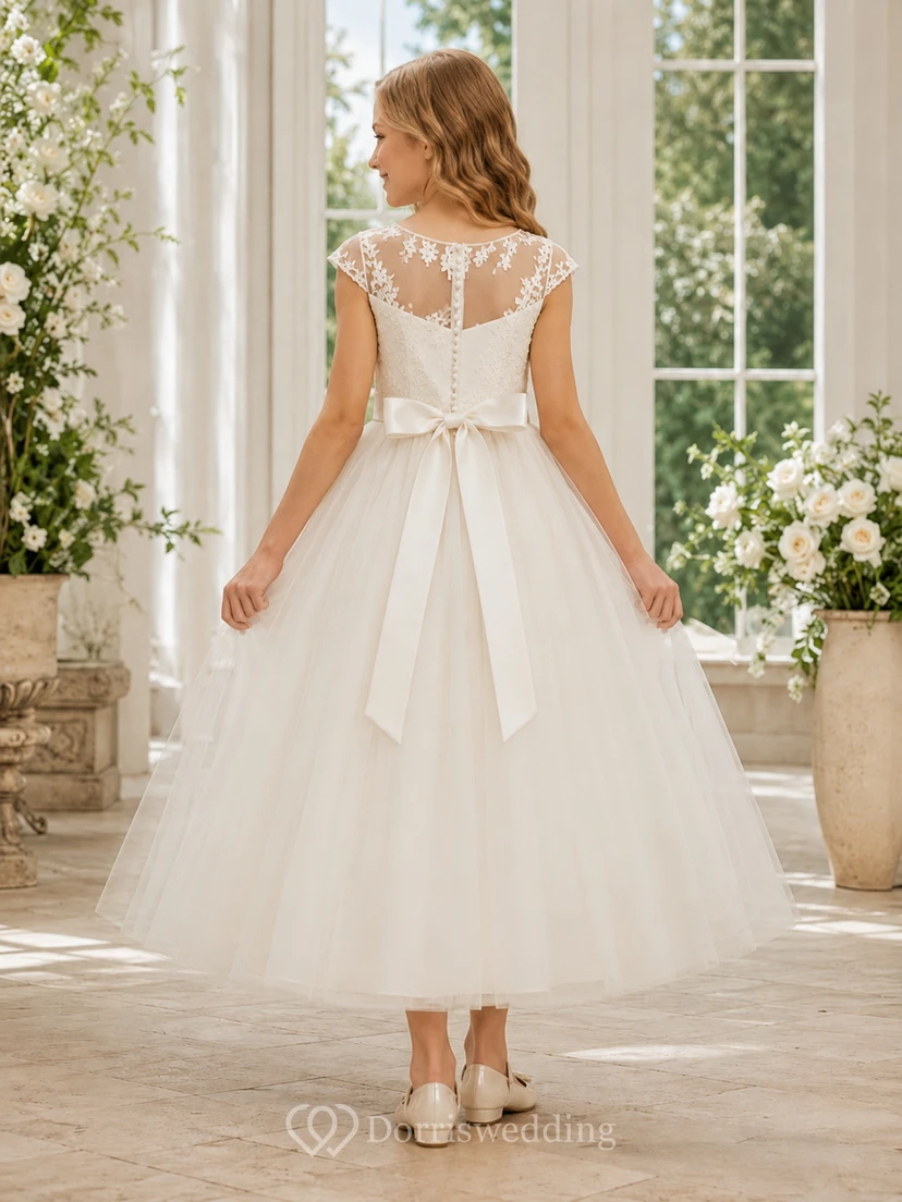 Tüllkleid mit kurzen Ärmeln, Teelänge und A-Linien-Schnitt, perfekt für Blumenmädchen bei Gartenhochzeiten, mit Schleife view 2
