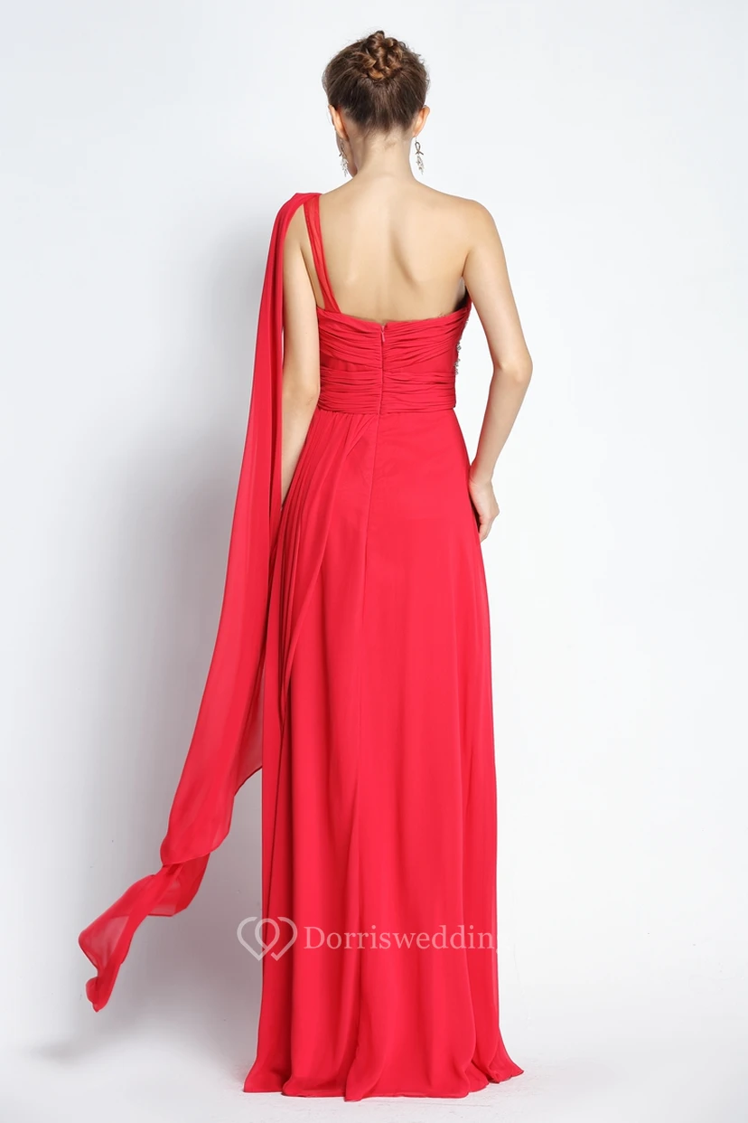 A-Line Floor-length One-shoulder Chiffon Sleeveless Prom Dress with Beading and Draping view 2