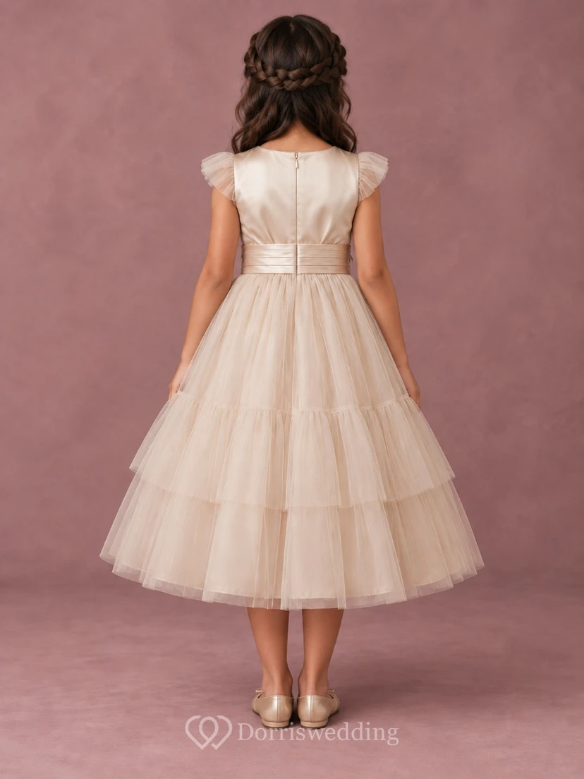 Tea-length Champagne A-line Tulle Flutter-sleeve Satin-bodice Pleated-waist Tiered Flower Girl Dress view 2