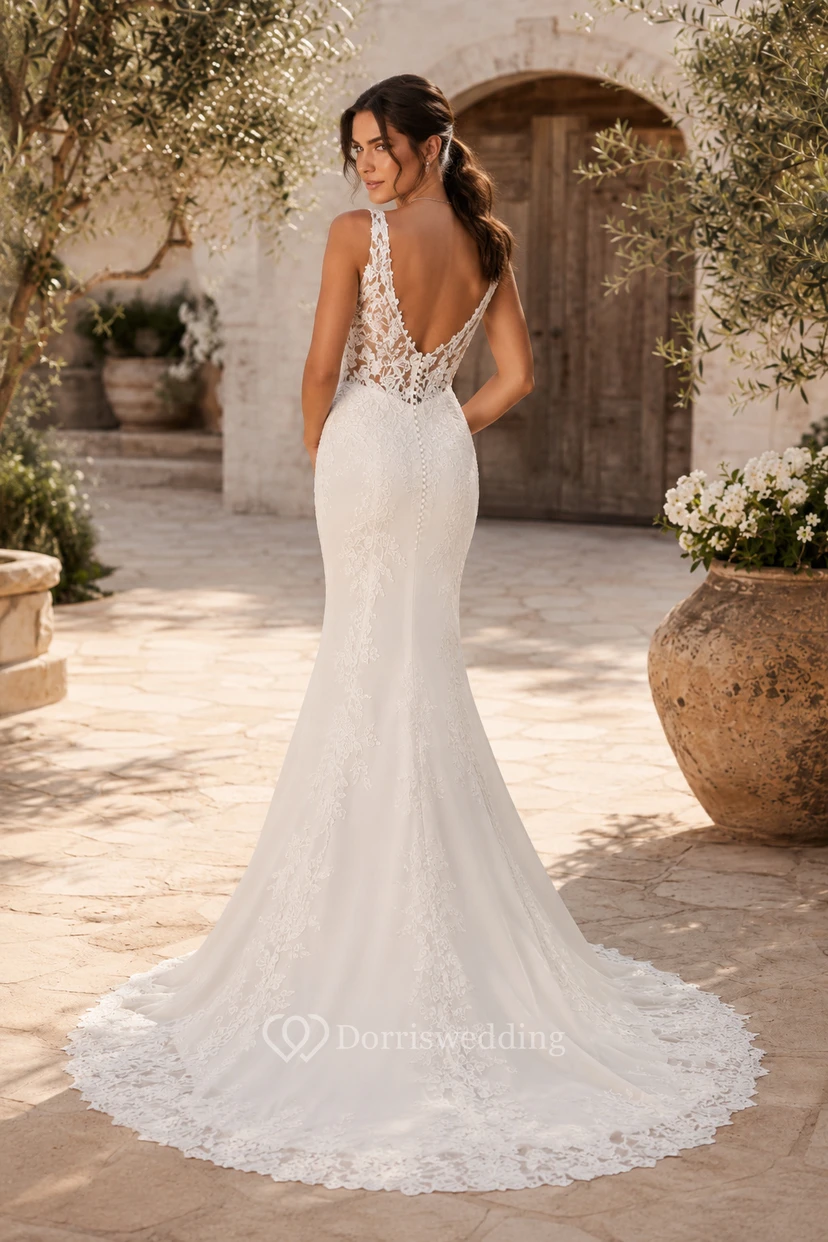 Robe fourreau de mariée en satin avec corsage en dentelle à col en V et traîne. view 2