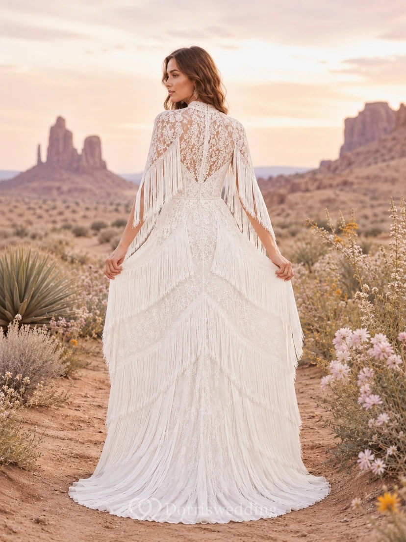 Vestido de novia formal de corte A con cuello alto y manga larga, estilo bohemio. view 2