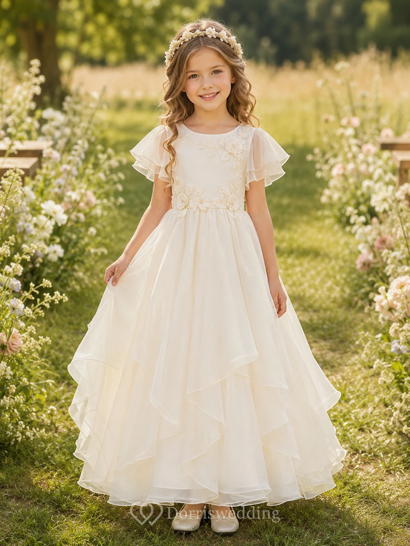Blumenmädchenkleid aus elfenbeinfarbener Spitze und Tüll, A-Linie, kurze Ärmel, Rundhalsausschnitt, Teelänge