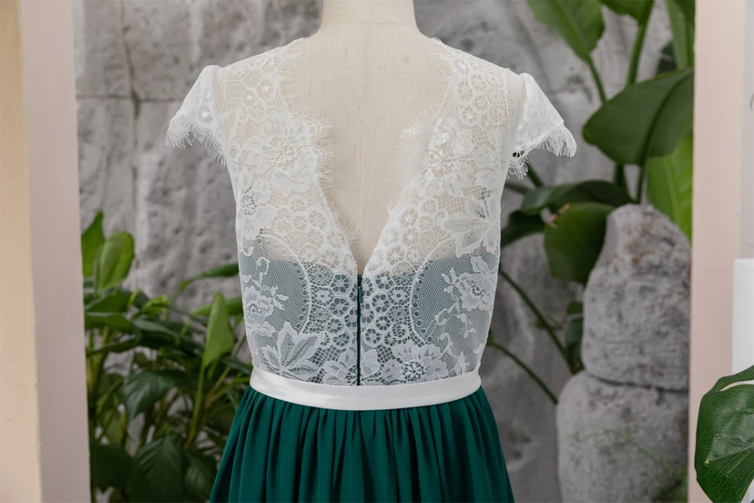 Chiffon White and Dark Green Lace Floor-length Flowergirl Dress view 8
