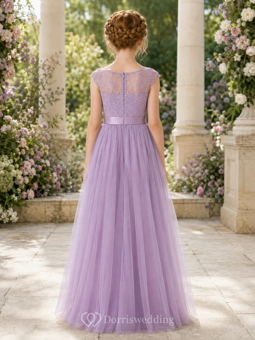 Amethystfarbenes Brautjungfernkleid, A-Linie, eckig, kurze Ärmel, Tüll, gestuft, romantisch, formell view 2