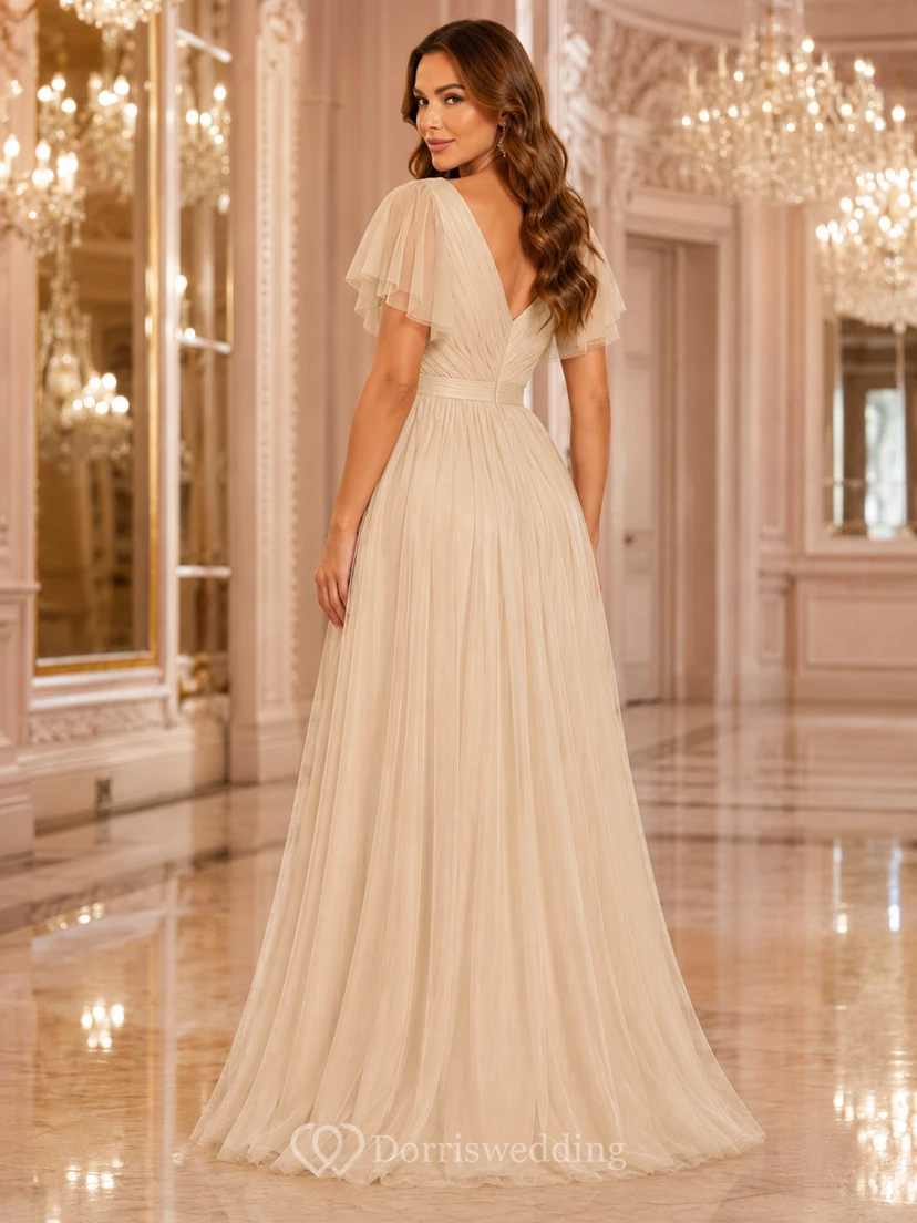 Grand Ballroom Formal Champagne Romantic Elegant A-Line Tulle Bridesmaid Dress with V-Neck Short Sleeve Floor-Length Low Back view 2