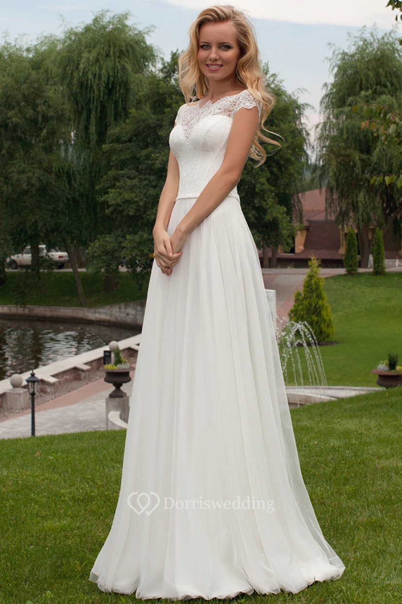 Sheath Long Pleated Bateau-Neck Chiffon Wedding Dress With Lace And Corset Back