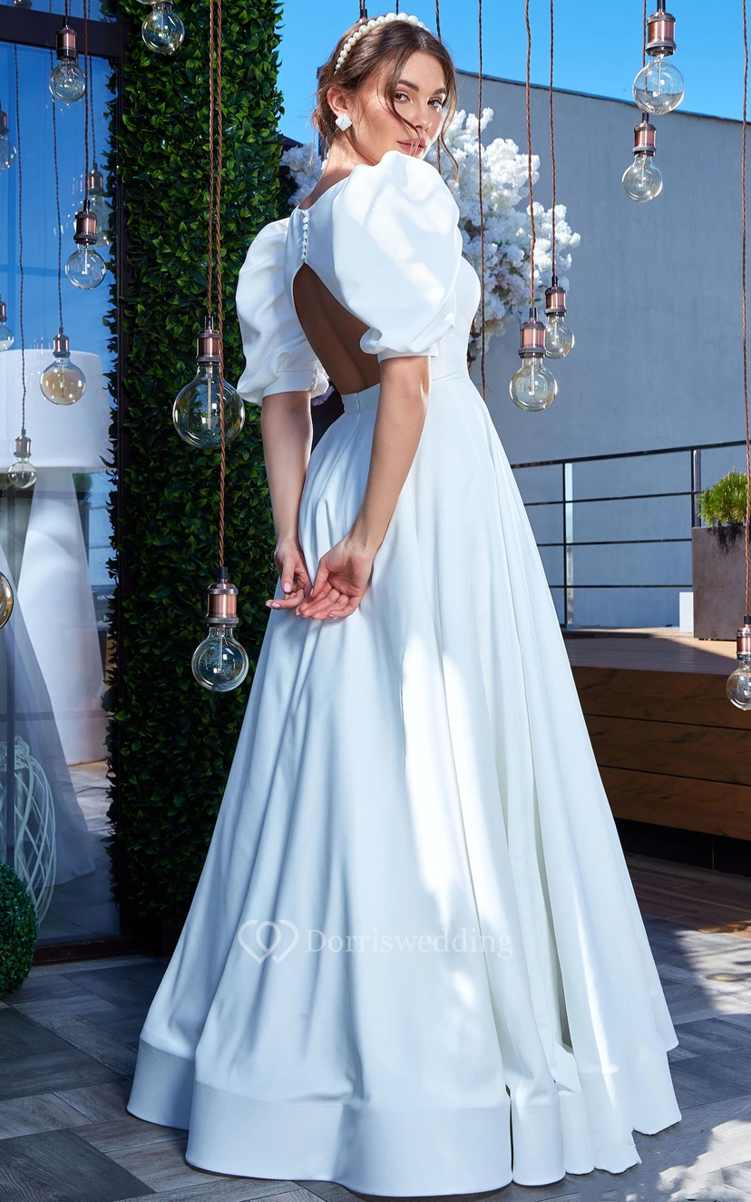 Elegantes A-Linien-Brautkleid aus Satin mit U-Boot-Ausschnitt und Raffungen view 2