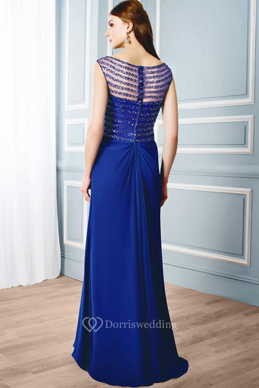 Sheath Bateau Long Side-Draped Cap-Sleeve Chiffon Formal Dress With Illusion Back And Beading view 2