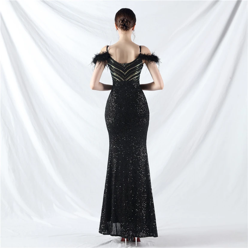 Elegantes Abendkleid mit Straußenfedern und Perlen, sexy, lang, mit Trägern und Schlitz view 35