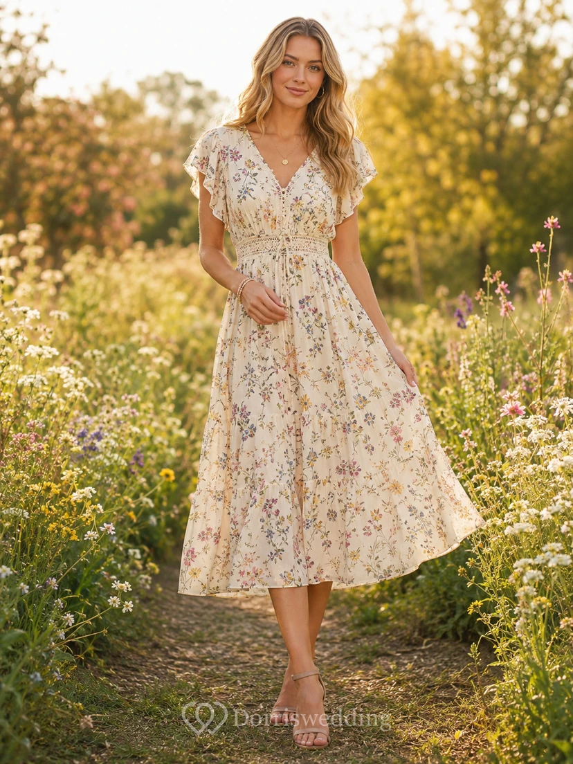 Soft Wildflower Print V-Neck Flutter Sleeve Midi Dress