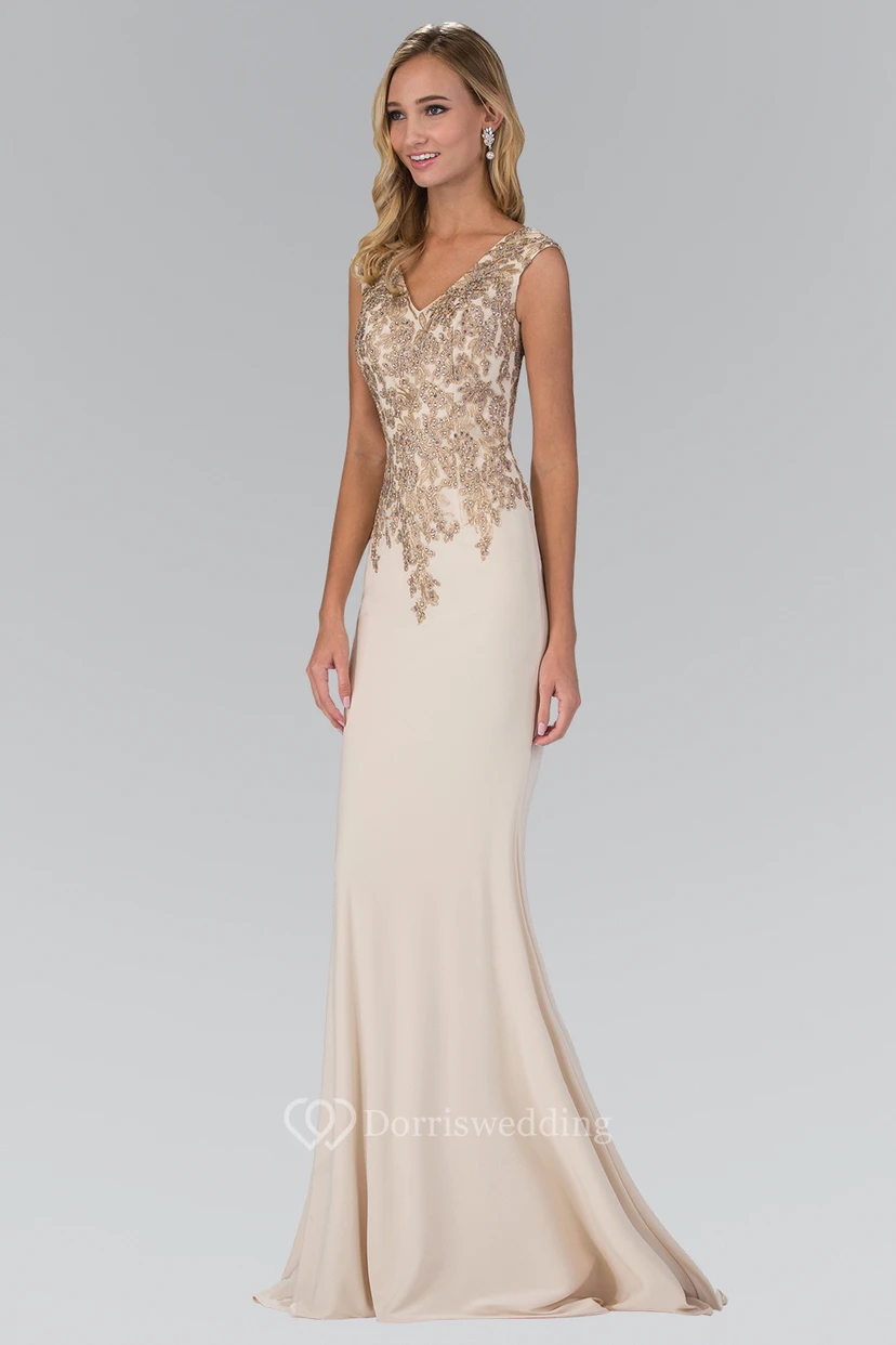 Sheath Long V-Neck Sleeveless Jersey Illusion Dress With Appliques And Beading