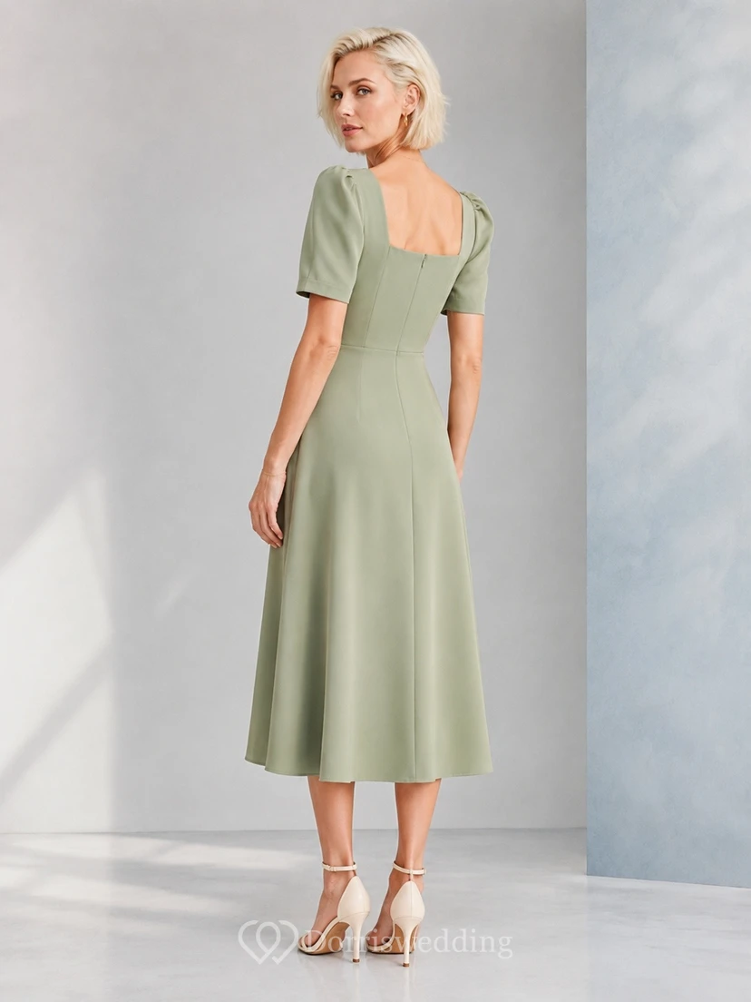 Sage Square-Neck Puff-Sleeve A-Line Tea-Length Elegant Occasion Dress view 2