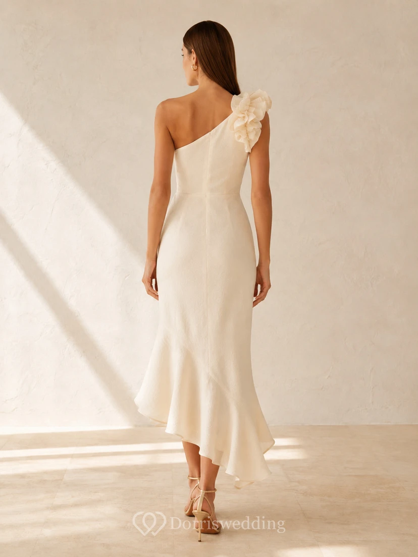 One shoulder floral ruffle asymmetrical courthouse wedding dress view 2