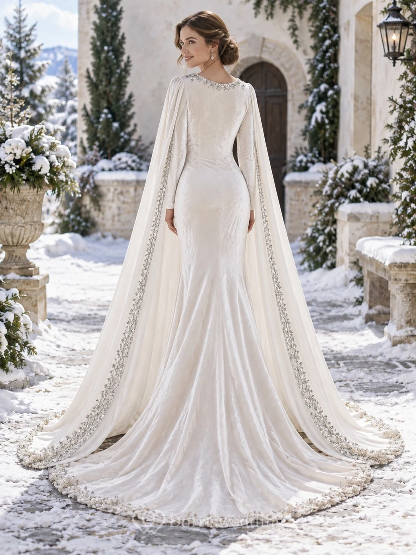 Vestido de novia de invierno estilo sirena con manga larga, cuello joya, borde de cristal y capa de terciopelo. view 2