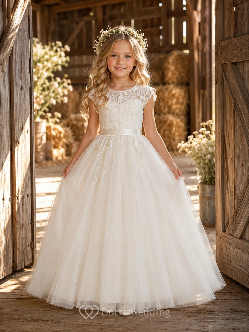 A-Line Flowergirl Lace Tulle Floor-Length Cap Sleeve Floral Applique Rustic Country Wedding Dress