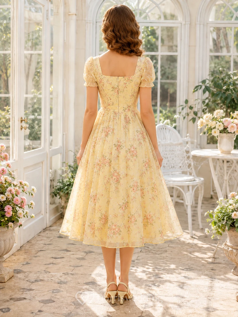 Narzissenfarbenes, eckiges Organza-Teekleid mit Puffärmeln und Blumenmuster im Vintage-Stil view 2
