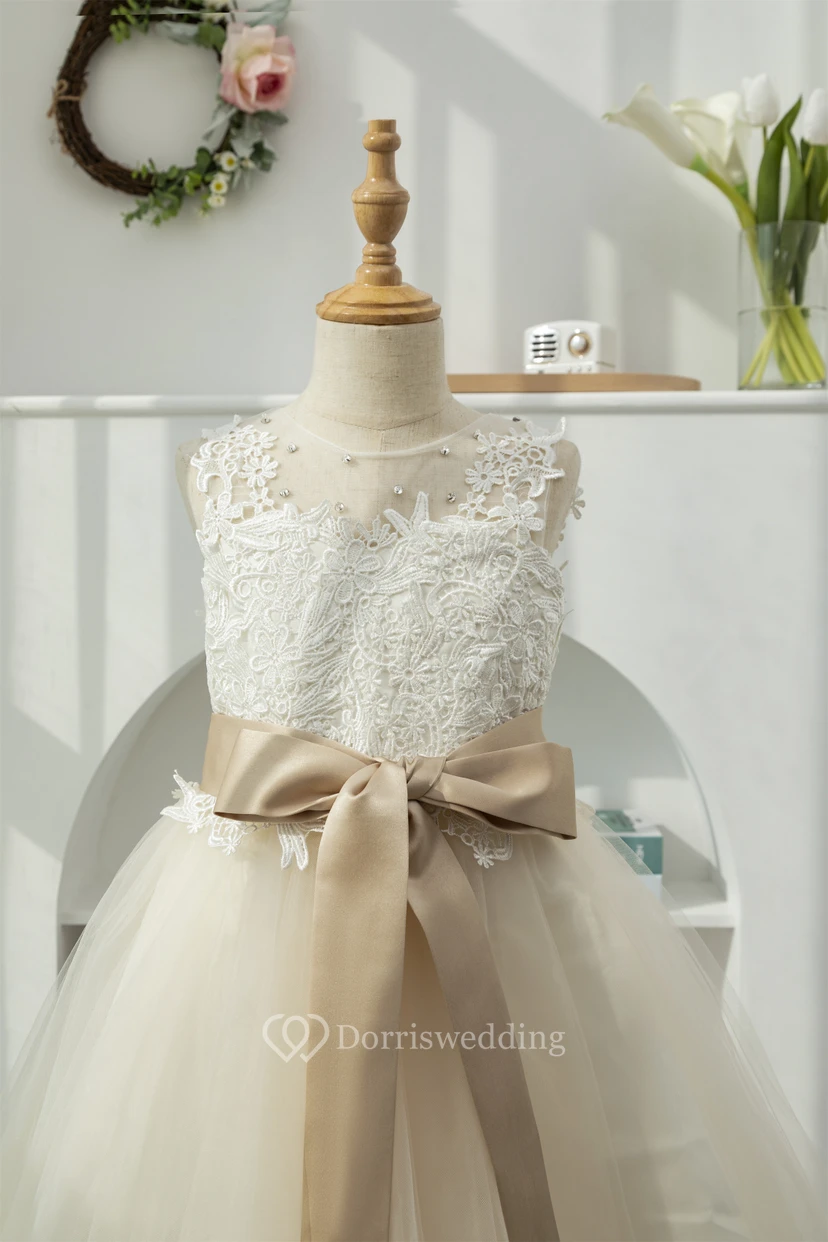 Lace Elegant Tulle A-line Champagne White Flowergirl Dress view 3
