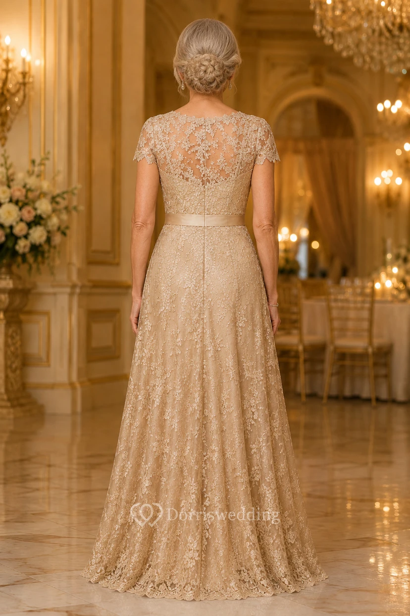 Champagnerfarbenes Pailletten-Spitzenkleid in A-Linie mit Illusionsausschnitt view 2